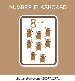 Cute number flashcards with animals set. English counting with animal theme. Math Poster for preschool. Vector illustration.