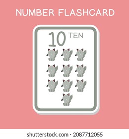 Die Zahl der Taschenkarten wird mit den Tieren festgelegt. Englisch zählt mit Tierthema. Mathe Poster für die Vorschulzeit. Vektorgrafik.