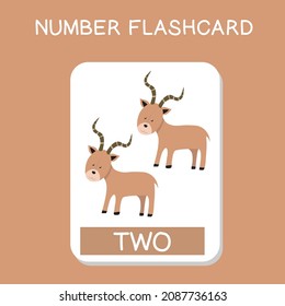 Cute number flashcards with animals set. English counting with animal theme. Math Poster for preschool. Vector illustration.