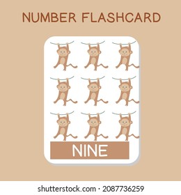 Cute number flashcards with animals set. English counting with animal theme. Math Poster for preschool. Vector illustration.