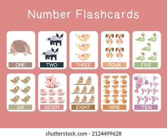 Cute number flashcards with animals set. English counting 1 to ten. Vector illustration.