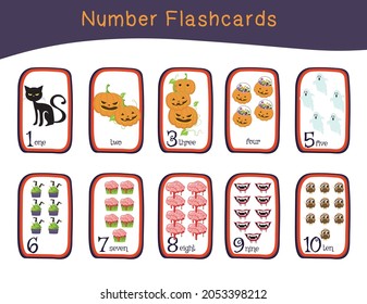Cute number flashcards with Halloween set. English counting 1 to ten. Digital illustration. Vector illustration.