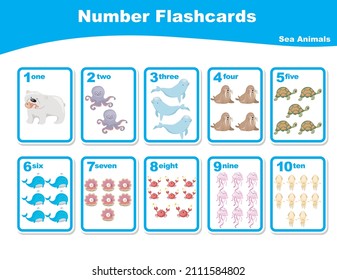 Cute number flashcards with sea animals set. English counting 1 to ten. Worksheet for learning English. Educational activity for preschool kids. Preschool Education. Vector illustration.