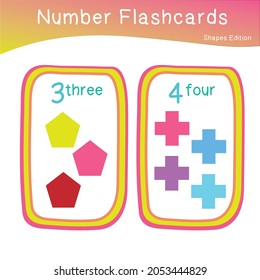 Cute number flashcards with shapes set. Shapes Flashcards edition. Educational printable math flashcards. Vector illustration. 