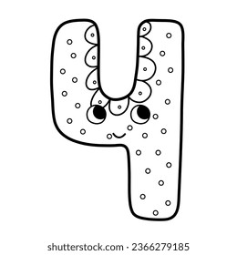 Cute number four character for kids in outline. Leaning numbers for preschool. Doodle number 4 in black and white. Vector illustration