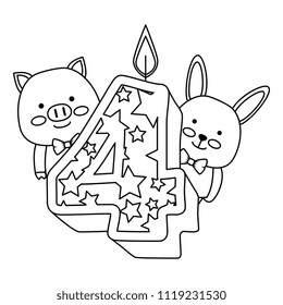 cute number four with pig and rabbit