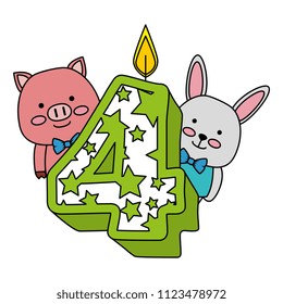 cute number four with pig and rabbit