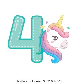 Cute number four unicorn character vector Illustration