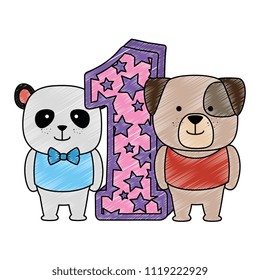 cute number one with bear panda and dog characters