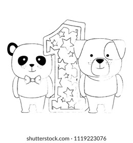 cute number one with bear panda and dog characters