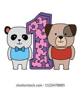 cute number one with bear panda and dog characters