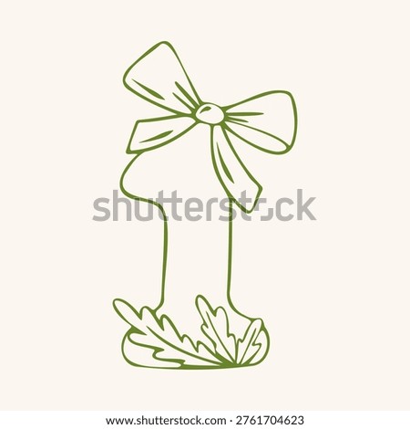 Cute number one with bow and leaves, green outline doodle flat retro style. Whimsical minimalist hand drawn vector illustration for baby girl first birthday, anniversary. Isolated on beige.