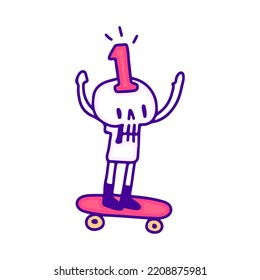 Cute número uno en el arte del doodle en patineta, ilustración para camisetas, pegatinas o prendas de vestir. Con estilo pop moderno.