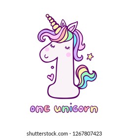 Cute Number One Unicorn Character Vector Illustration. Beautiful cartoon element for Kids Birthday Party invitation, greeting card and cake topper design.