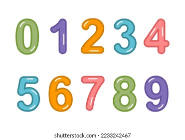 Cute number set of 0 to 9 in flat design on white background.