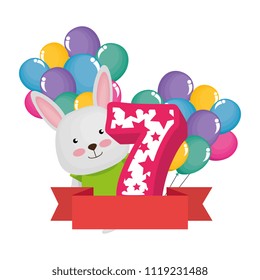 cute number seven with with rabbit and balloons helium