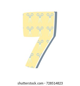 Cute  number Seven with scissors. Vector illustration. Element for design. Kids alphabet.