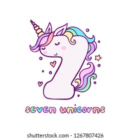 Cute Number Seven Unicorn Character Vector Illustration. Beautiful cartoon element for Kids Birthday Party invitation, greeting card and cake topper design.