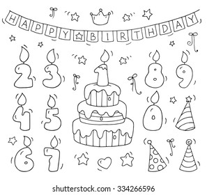 Cute number shaped candles set. Cartoon birthday cake and lighting candles in the form of numbers. Doodle collection for party, kids desigh, invitations. All objects are grouped and isolated on white.