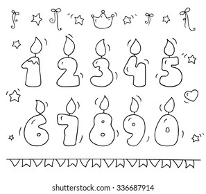 Cute number shaped candles set. Cartoon lighting candles in the form of numbers. Doodle vector for party, kids design, invitations. All objects are grouped separately and isolated on white.