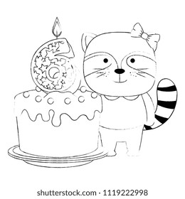 cute number six candle with cake and raccoon