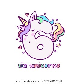 Cute Number Six Unicorn Character Vector Illustration. Beautiful cartoon element for Kids Birthday Party invitation, greeting card and cake topper design.