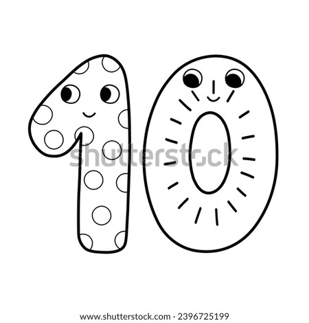 Cute number ten character in black and white for kids. Leaning numbers for preschool. Doodle number 10 in outline for coloring page. Vector illustration