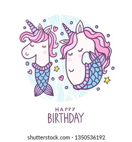 Cute Number Ten Mermaid Unicorn Character Vector Illustration. Beautiful cartoon element for Kids Birthday Party invitation, greeting card and cake topper design.