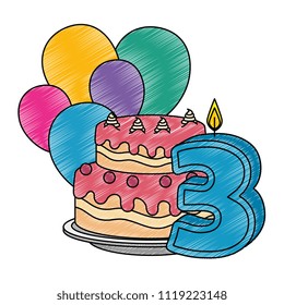cute number three candle with cake and balloons helium