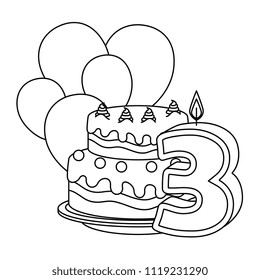 cute number three candle with cake and balloons helium