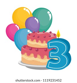 cute number three candle with cake and balloons helium