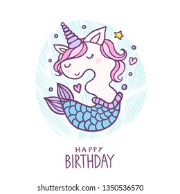 Cute Number Three Mermaid Unicorn Character Vector Illustration. Beautiful cartoon element for Kids Birthday Party invitation, greeting card and cake topper design.