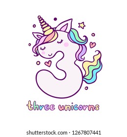 Cute Number Three Unicorn Character Vector Illustration. Beautiful cartoon element for Kids Birthday Party invitation, greeting card and cake topper design.