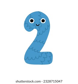 Cute number two character for kids. Leaning numbers for preschool. Happy number 2 in cartoon style. Vector illustration