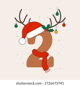 Niedliche Nummer zwei im Urlaubsstil, Weihnachtsmütze, Geweih, Schal, baumelnde Kugeln, Konfetti-Sprinkles, Weihnachtsvektor, Pastellhintergrund