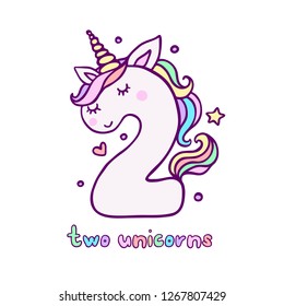 Cute Number Two Unicorn Character Vector Illustration. Beautiful cartoon element for Kids Birthday Party invitation, greeting card and cake topper design.