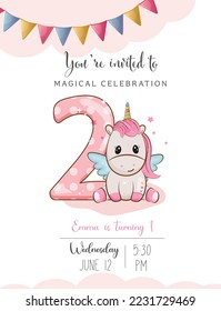 Cute number two unicorn character vector Illustration