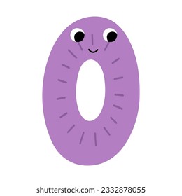 Cute number zero character for kids. Leaning numbers for preschool. Doodle number 0 in cartoon style. Vector illustration