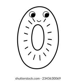 Cute number zero character for kids in outline. Leaning numbers for preschool. Doodle black and white number 0 in cartoon style for coloring page. Vector illustration