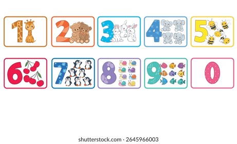 Cute Numbers 0 to 9 with Animals Hand Drawn Vector Educational Flashcards for Kids and Toddlers