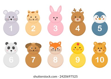 Cute numbers from 1 to 10 with funny animals characters. Collection of number for kids for counting, learning math. Math numbers set for home school mathematics games. Kids preschool counting.