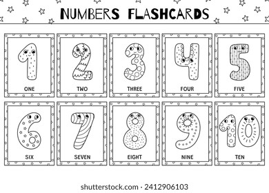 Cute numbers 1-10 black and white flashcards collection. Flash cards for coloring in outline. One, two, three and more. Vector illustration