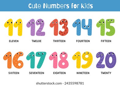 Cute numbers 11-20 educational set for kids. Funny smiling number characters collection. Poster in cartoon style for school and preschool. Vector illustration