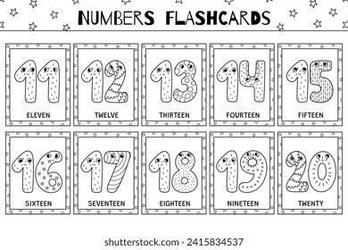 Cute numbers 11-20 flashcards black and white collection. Flash cards for coloring in outline. Learning numbers for preschool. Vector illustration