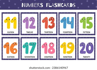 Cute numbers 11-20 flashcards collection. Flash cards for practicing reading skills. Learning numbers for preschool. Vector illustration