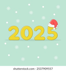 Cute numbers 2025 with Santa hat and snowflakes in the background. Happy New Year vector illustration.