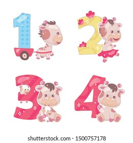 Cute numbers with baby giraffe cartoon illustrations set. School math funny font symbols and kawaii animals characters. Kids scrapbook stickers. Children birthday and anniversary numbers collection