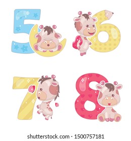 Cute numbers with baby giraffe cartoon illustrations set. School math funny font symbols and kawaii animals characters. Kids scrapbook stickers. Children birthday and anniversary numbers collection