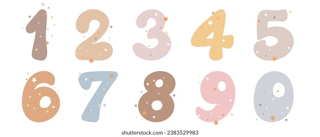 Cute numbers in cartoon style. Collection of lucky figures for each birth month. Educational clipart set. One, two, three, four, five, six, sit, eight, ten, zero with stars in pastel color, vector