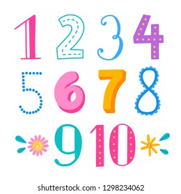 Cute numbers for children's design. Vector separated numbers from 0 to 10. Funny math elements for kids